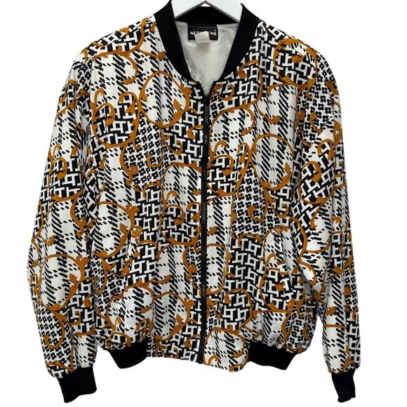 Notations Womens Silk Bomber Jacket Size M White Houndstooth Gold Baroque Swirl - Picture 1 of 7
